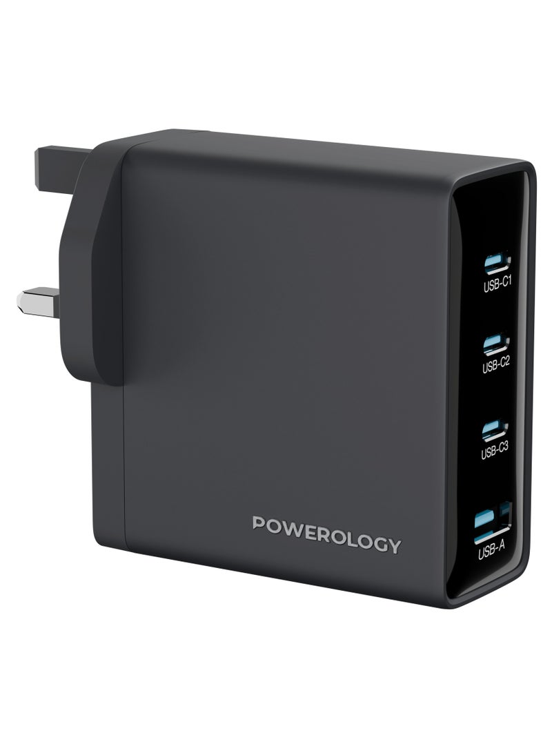 Powerology 140W Multi-Port Gan Adapter with 140W PD, 18W QC, 3 USB-C& 1 USB-A, Heat Resistant Housing, Multi-Device Charging - Image 1